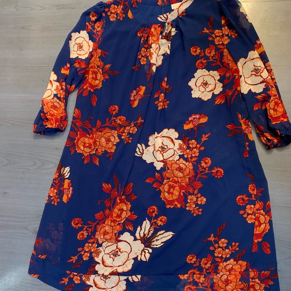 New York & Company Blue and Orange Floral Long Sleeve Dress